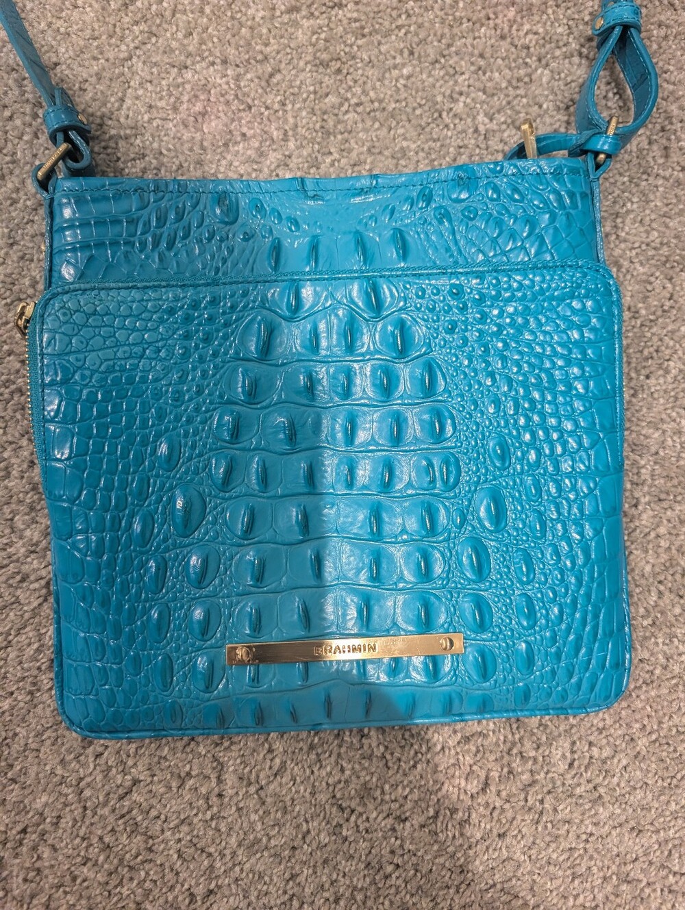 Brahmin Turquoise Croc-Embossed Crossbody with Gold Hardware